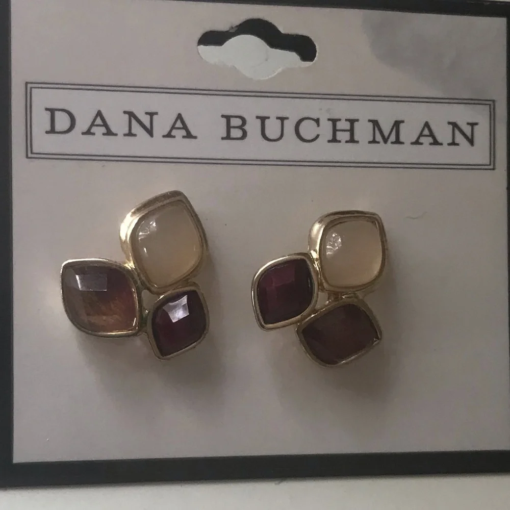 Dana Buchman Earrings Gold Tone Ivory and Red Whine Rhinestone Stud